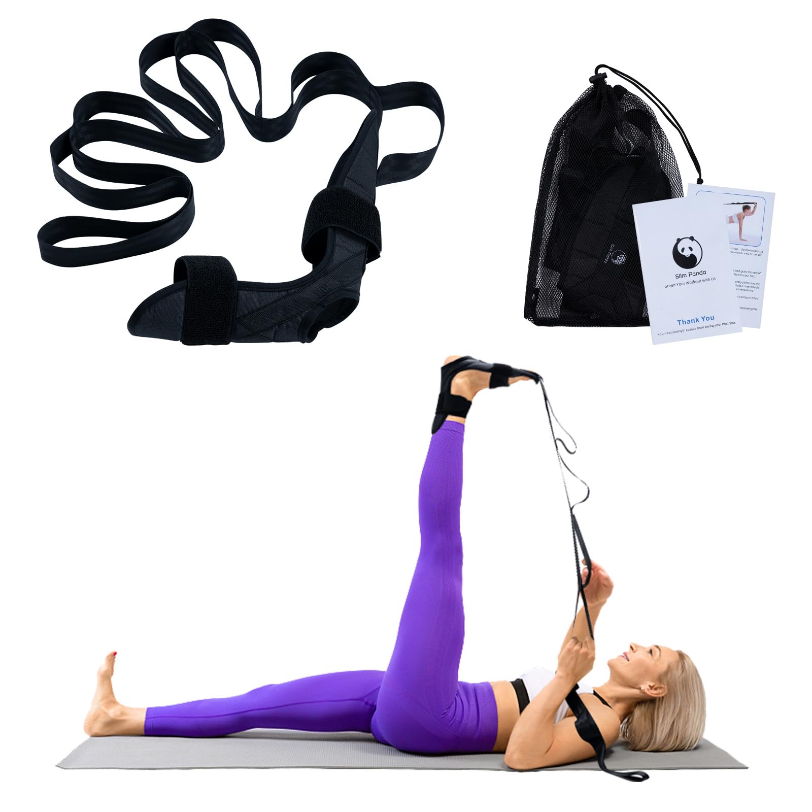 Slim PandaCalf Stretcher for Plantar Fasciitis, Foot Stretcher, Hamstring Stretcher, Stretching Strap for Heel Spurs, Foot Drop, Leg Stretcher for Achilles Tendinitis, Physical Therapy (Black)