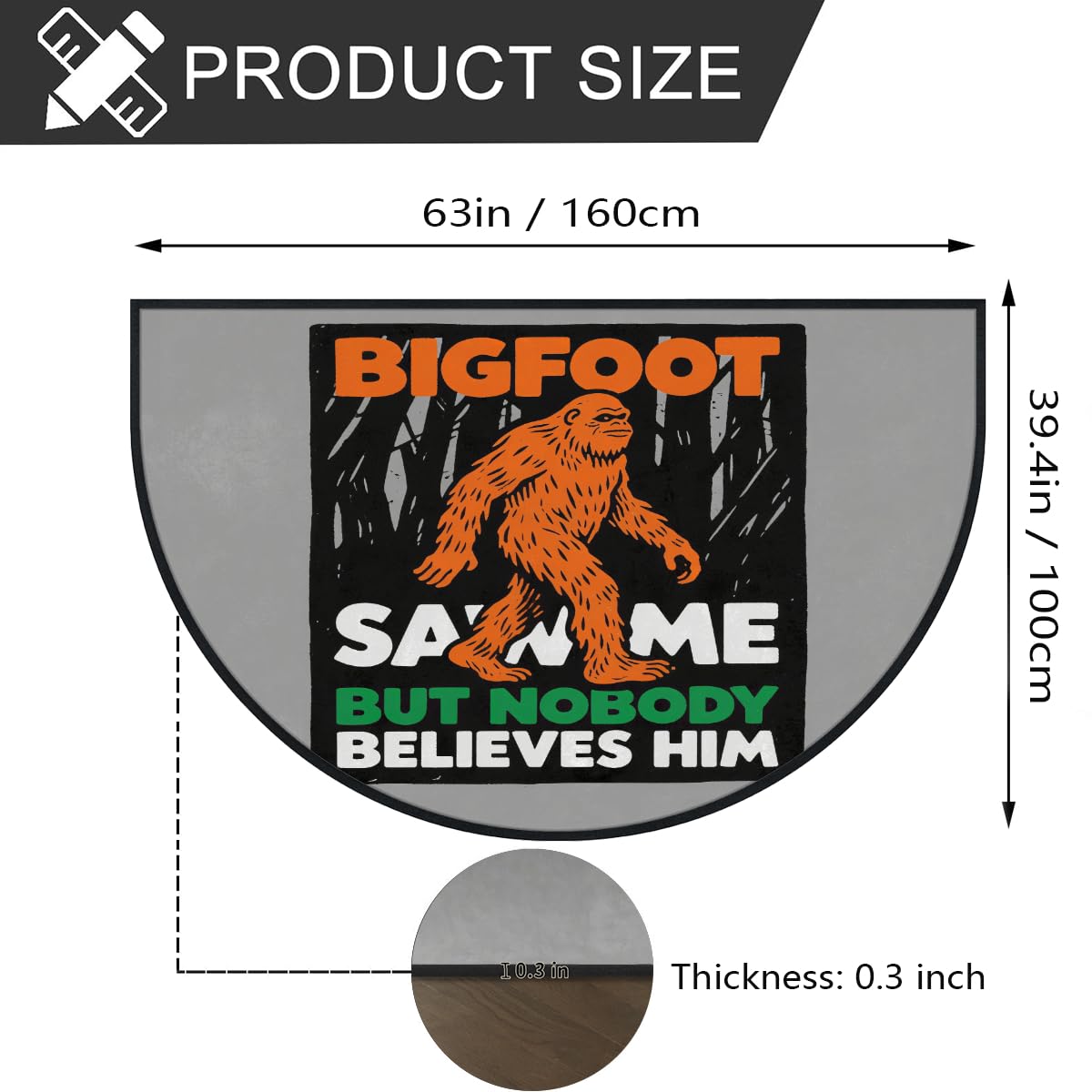 Bigfoot Sasquatch Saw Me große halbrunde Fußmatte – rutschfest, saugfähig, halbrund, Eingangsbereich, niedlich, weich, halbrund, waschbar, Teppich für Küche, Badezimmer, Schlafzimmer, 160 x