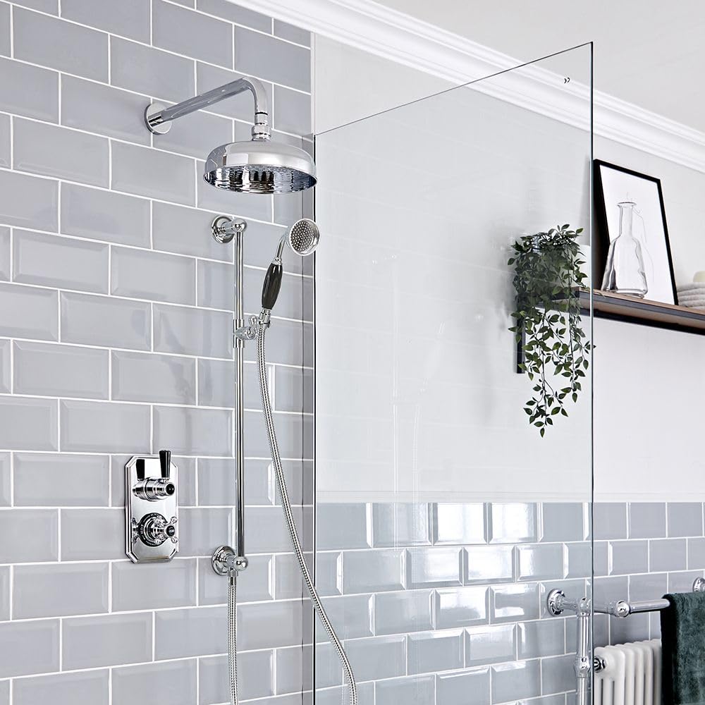 Milano Chrome & Black Elizabeth Thermostatic Mixer Valve 205Mm Shower Head Riser Rail - Chrome Black
