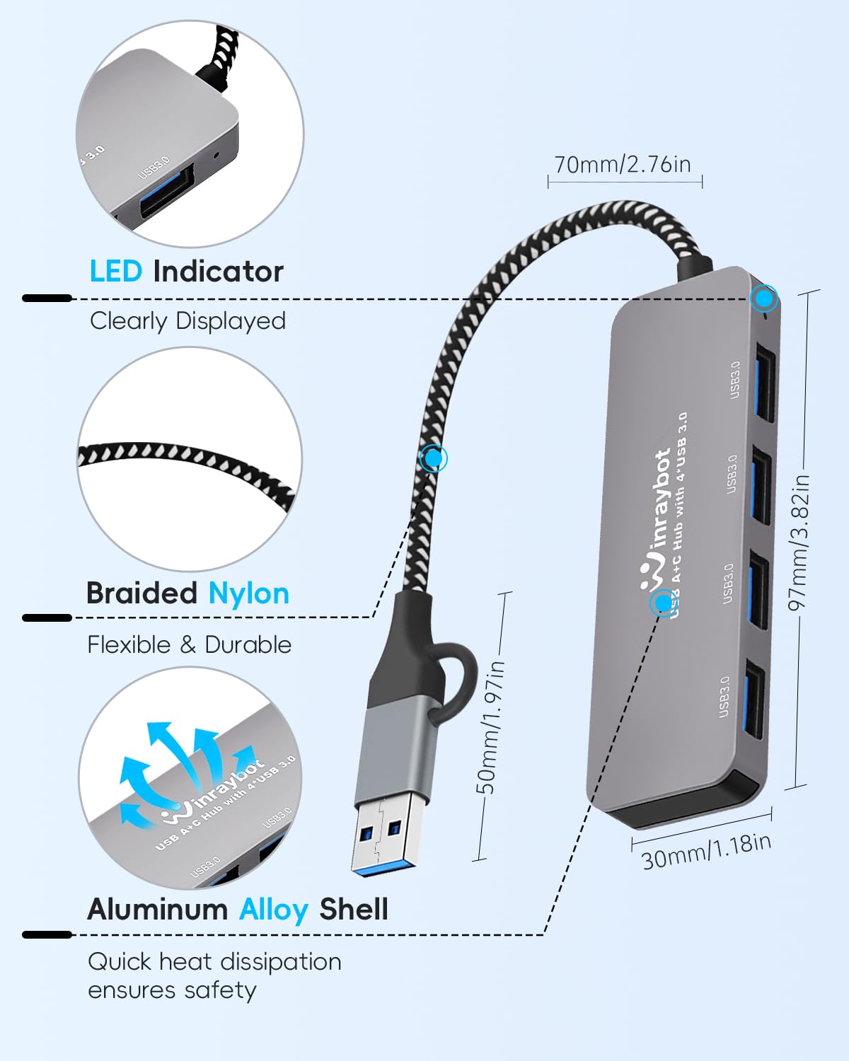 Hub USB per laptop, sdoppiatore USB 3.0, hub USB C, multipla porta USB per laptop, PC, mouse, tastiera, splitter USB C con 4 porte USB 3.0