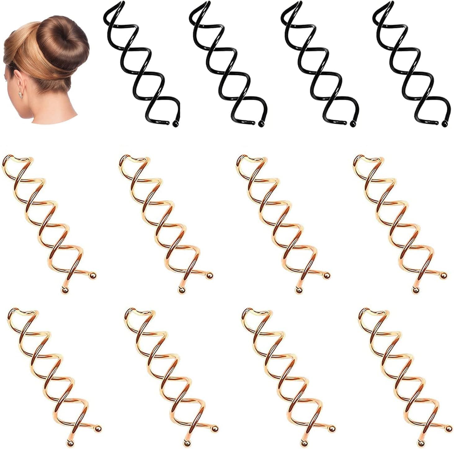 Spiral Hair Pins, Effortlessly Create Beautiful Hairstyles,for Girls Child Women DIY Bun Hair Maker with Round Tips,12 Pack Set in Black and Light Gold
