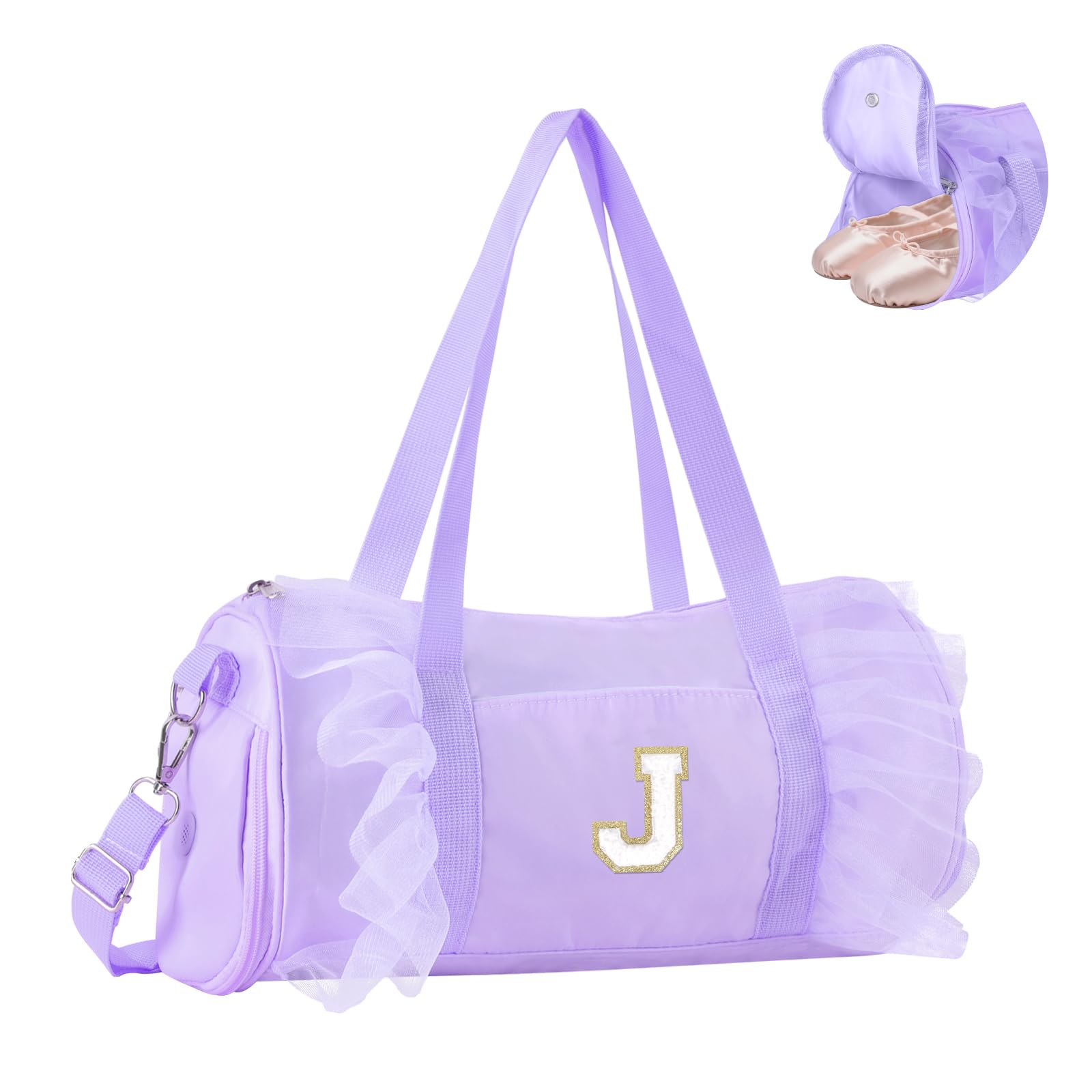 Personalized Initial Dance Bag for Girls 4-6, Small Lace Gym Sport Yoga Cheer Dance Bags Gift for Teen Girls, Cute Letter Kids Ballet Bag Toddler Travel Duffel Tote with Adjustable Straps(Purple-J)
