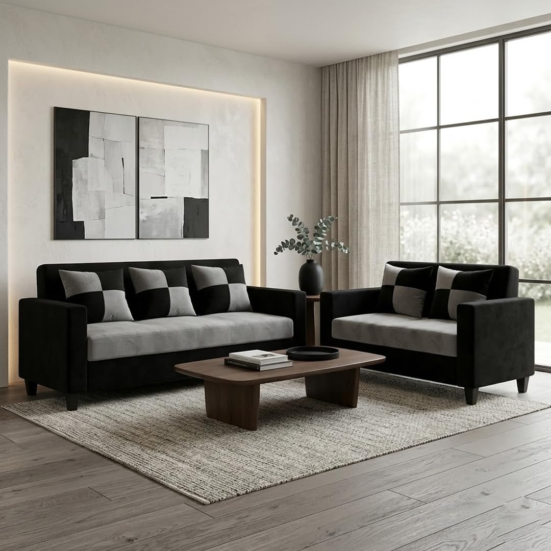 SLEEPIFY Livara 3 Seater + 2 Seater Velvet Fabric Sofa Set (Black - Light Gray) | Premium Soft Velvet | Plush Comfort Cushions | Modern Living Room Sofa | Comfortable Living Room Sofa-image-15