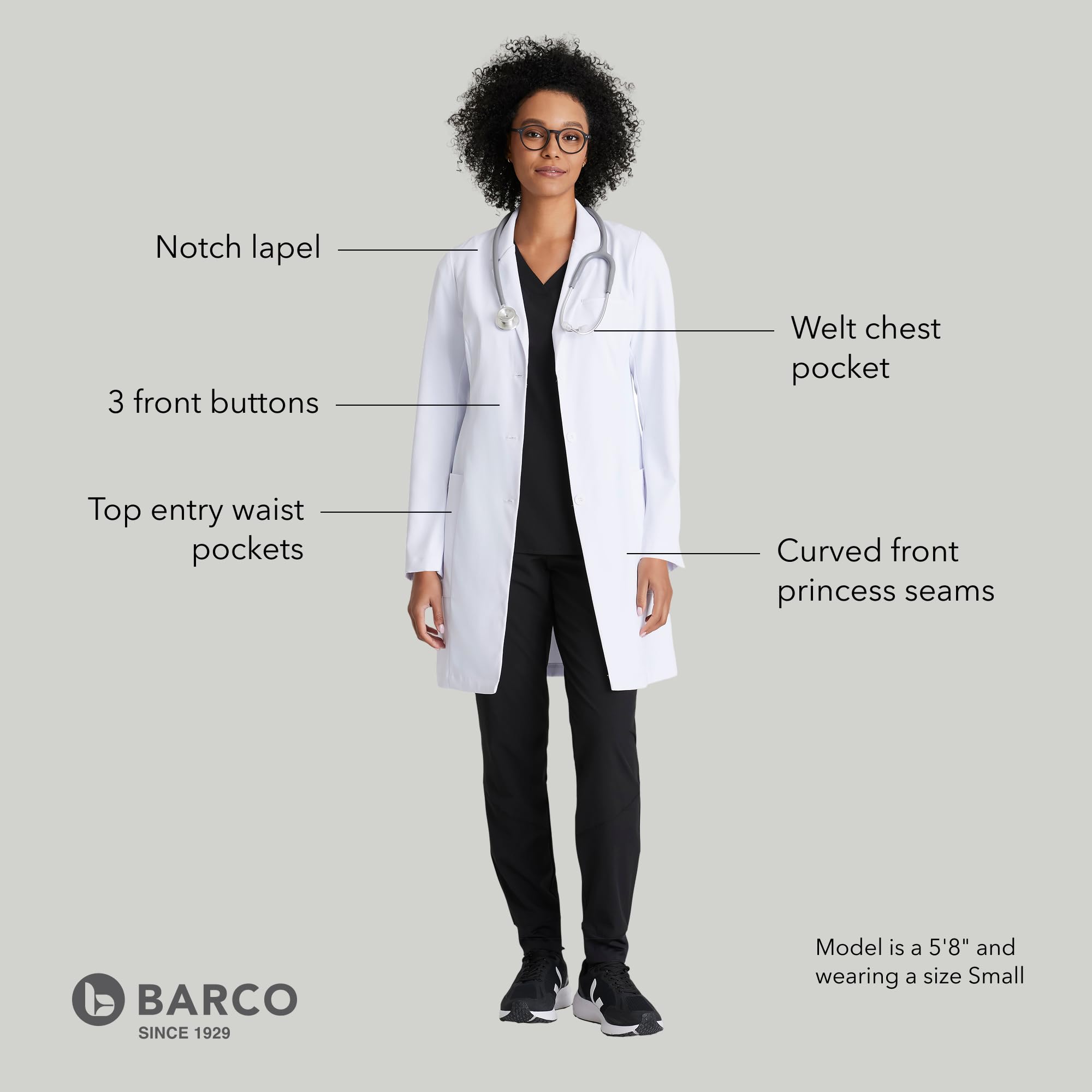 BARCO Grace - Abrigo de laboratorio para mujer, profesional, 3 bolsillos, cierre de 3 botones, manga larga, 35 pulgadas, abrigo de laboratorio para mujer