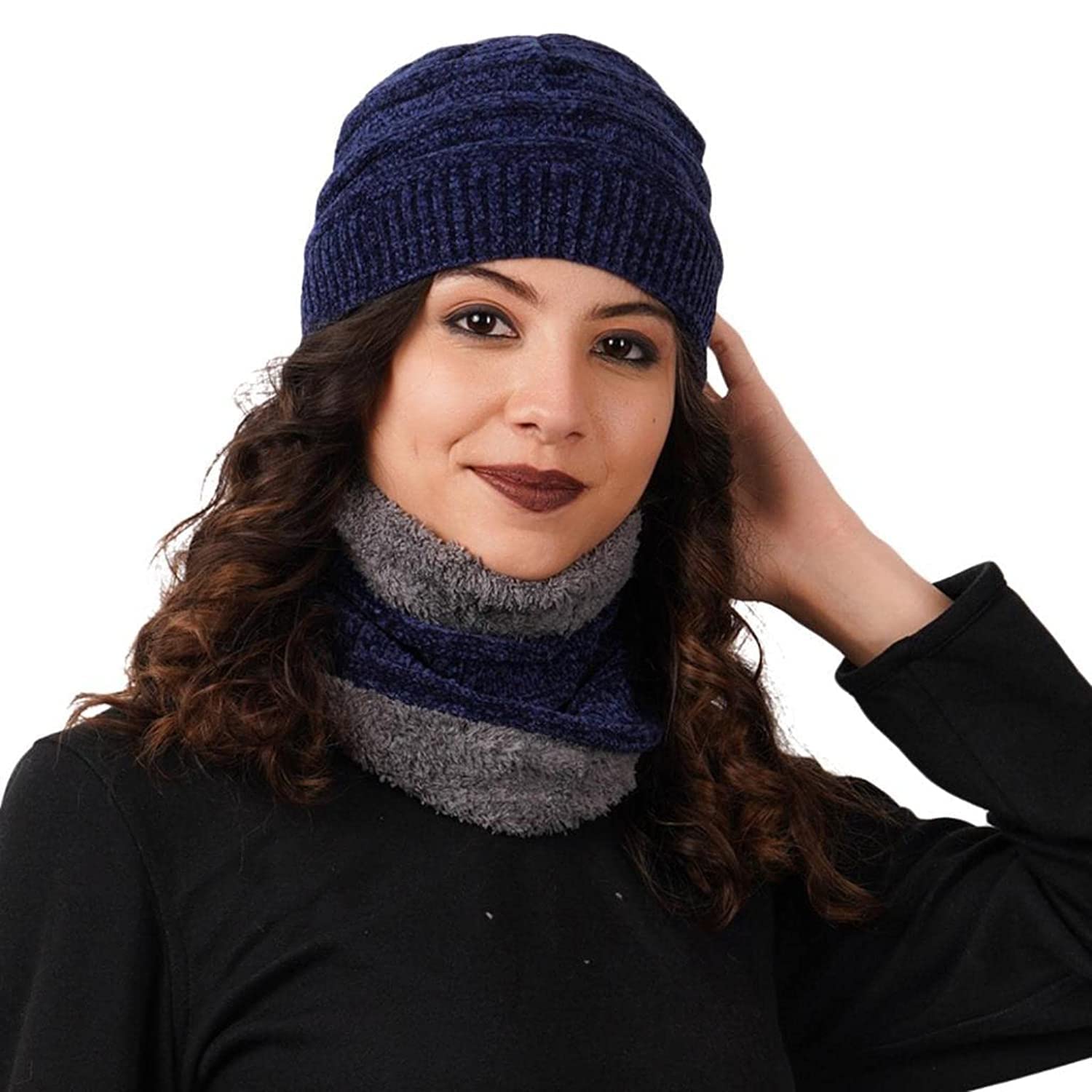 Crystal Zone Winter Velvet Scarf Neck Set Cap in Side Fur for Women and Girls (pack of 1) (Navy blue) (B0BSD82V2S) Amazon Price History, Amazon Price Tracker