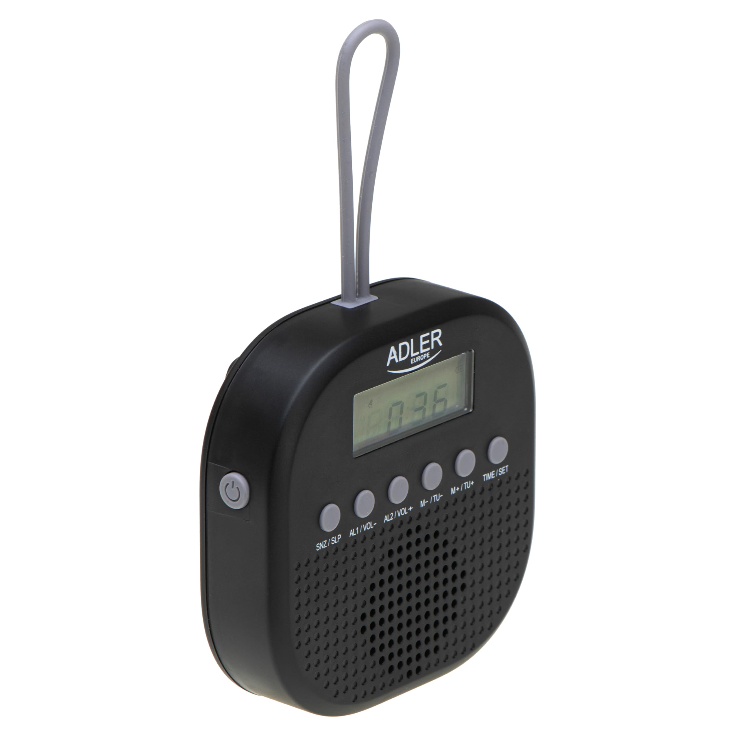 Adler Radio de Salle de Bain numérique AD 1912, IPX4 étanche, FM 87,5-108 MHz, écran LCD, Fonction Double Alarme, Fonction répétition, Crochet en Silicone Souple, Noir