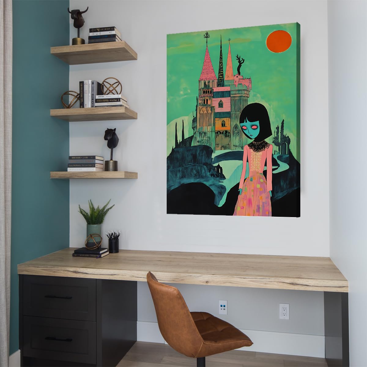 CHERHERART Surrealistyczna róża zielona sztuka ścienna zamek gotycki obraz na płótnie ciemne i fantazyjne wydruki sypialnia przedszkole dom 45 x 70 cm struktura wnętrza