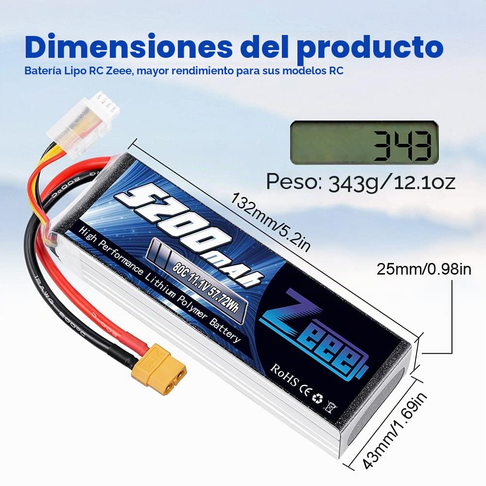 Zeee 3S LiPo Batería 5200mAh 11.1V 80C con Conector XT60 para RC Hobby (2 Paquetes)