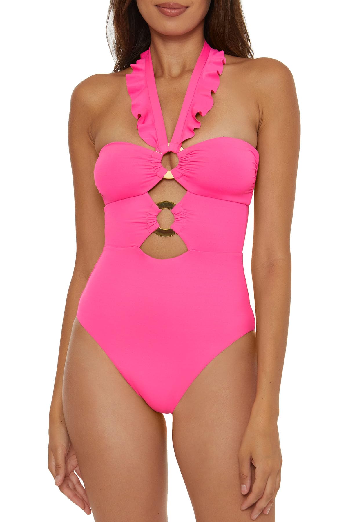 Buckle Up - Women's One Piece Bandeau Swimsuit with Cut Out Neckline, Gold Rings and Removable Cups, Bathing Suits for Women, Daiquiri, Medium