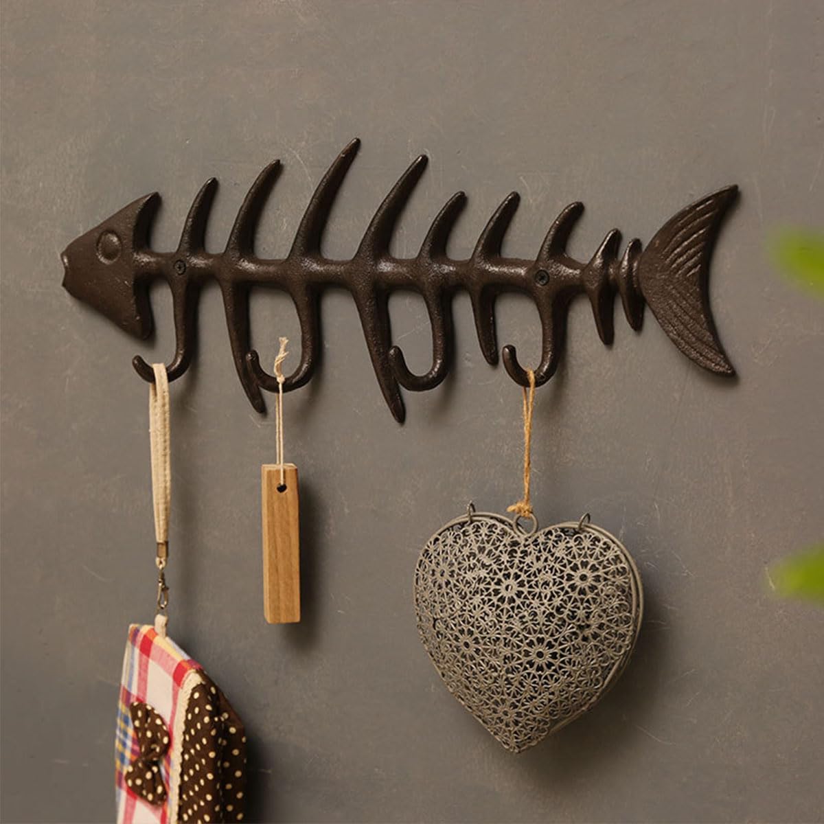 Fish Bones Wall Mounted Towel Rack, Metal Hand Towel Holder with 4 Hooks, Stylish Cast Iron Hanger for Home Kitchen Wall Decor, Large Size