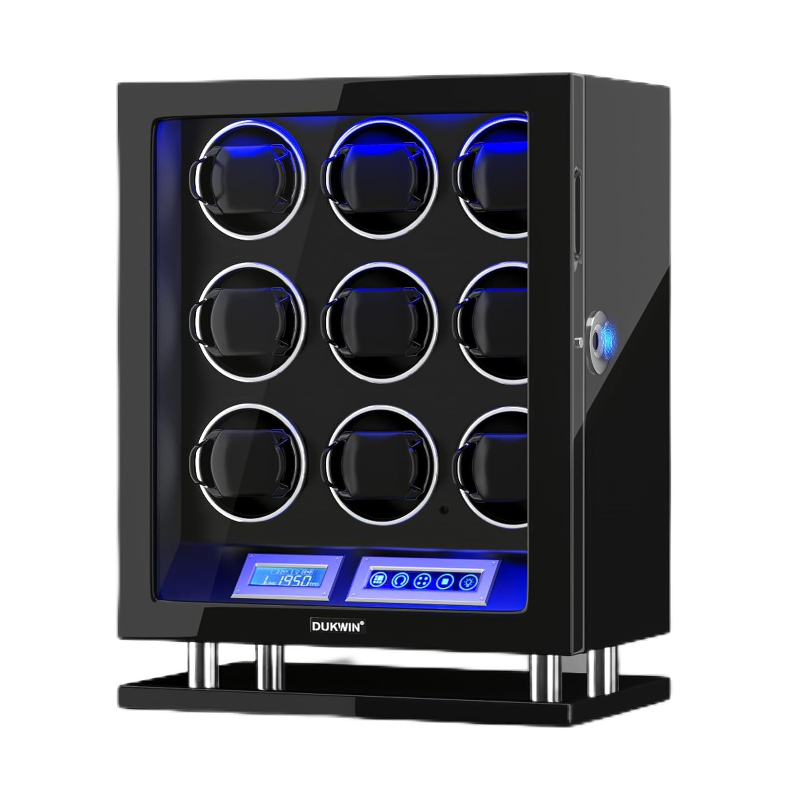 DUKWIN Watch Winder for 3/4/6/8/9/12 Automatic Watches, Fingerprint Lock Watch Winders with LCD Touchscreen, Blue LED Light, Remote Control,Adjustable Watch Pillow for Universal Watches, 5TPD