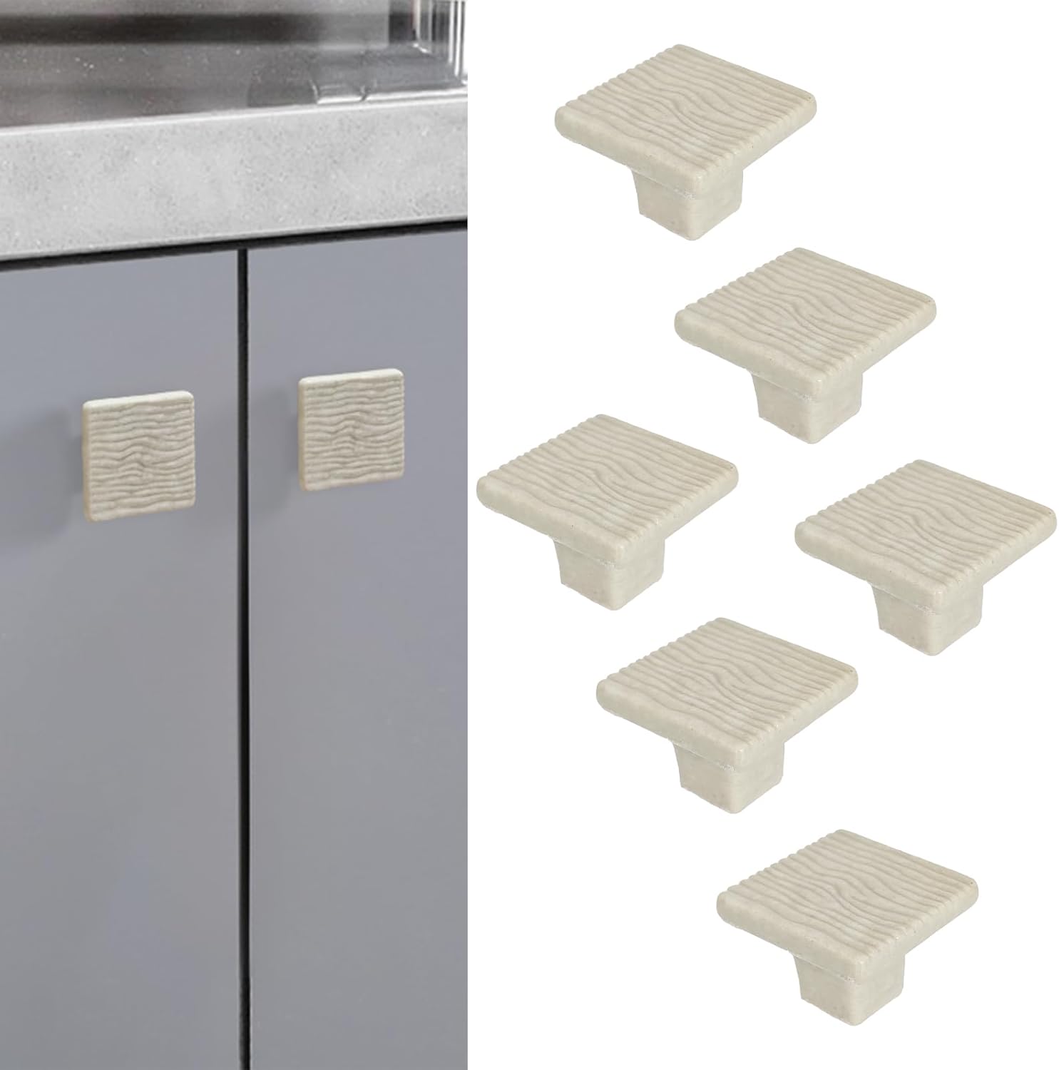 6 Pack Ceramic Drawer Pulls Square Cabinet Pulls Beige Drawer Knobs Wavy Natural Cabinet Handles Cute Dresser Knobs Boho Drawer Pull