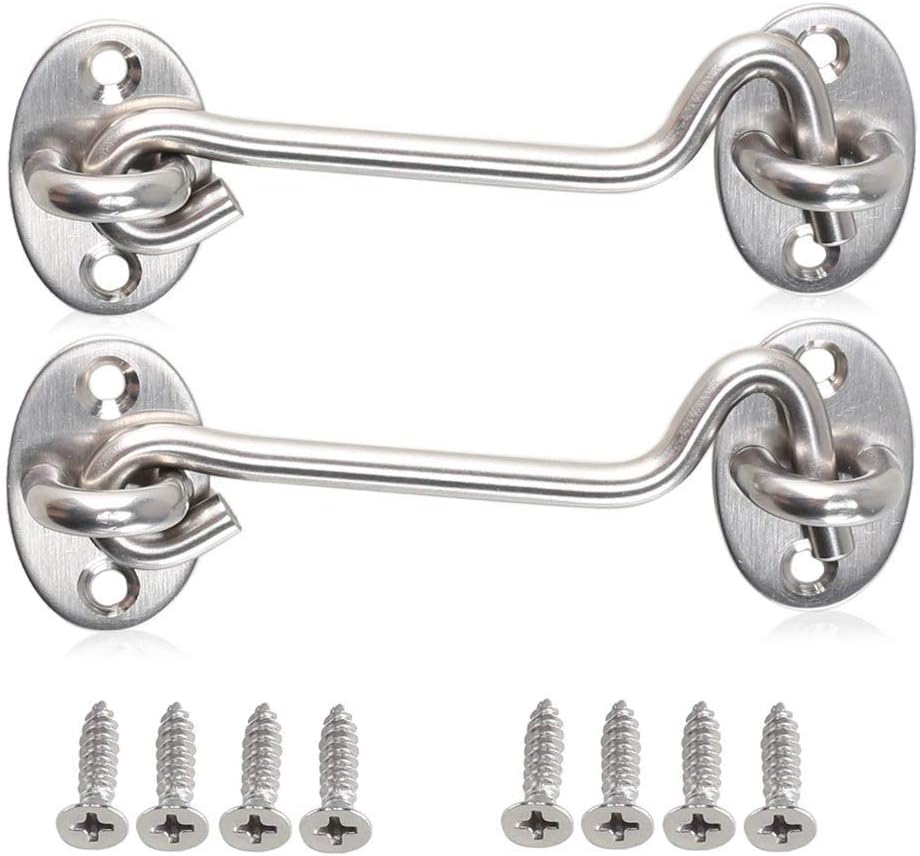 2pcs 4'' Cabin Privacy Hook and Eye Latch Lock Stainless Steel Solid Gate Hooks Hasp for Sliding Barn Door, Window, Backyard Entrance Shed Door