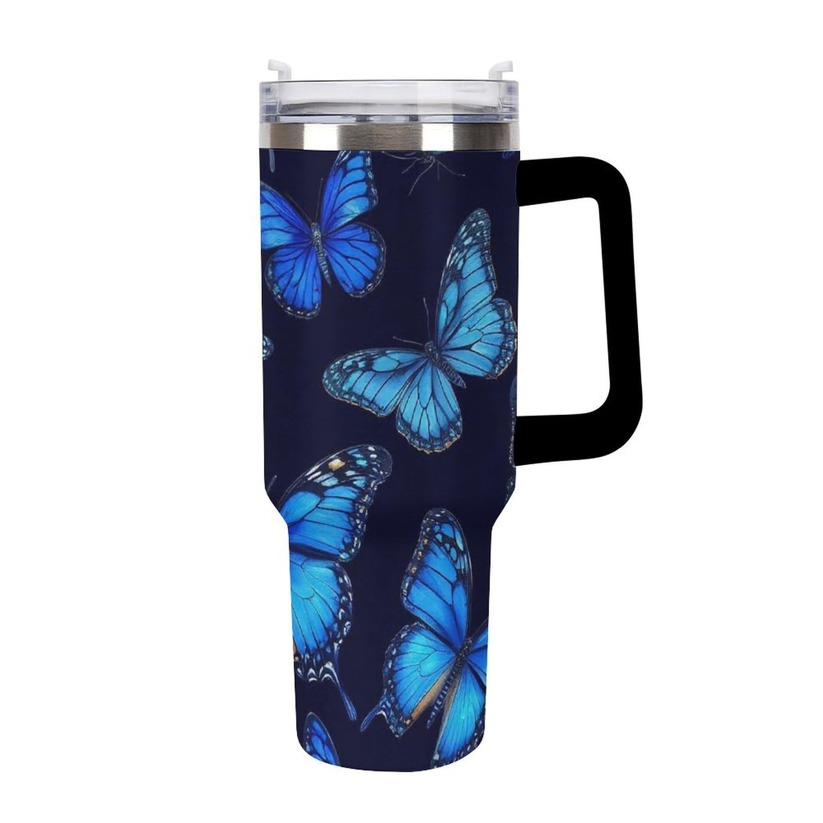 Gobelet pour voiture haut de gamme en inox avec paille et papillons bleus