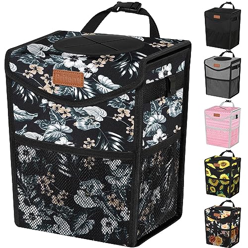 Pritent Car Trash Can with Lid, Cute Leakproof Car Trash Garbage Bag Hanging Vehicle Trash Bin Small Portable Automotive Garbage Cans Organizer for Back/Front Seat(Trapezoid,Black with Lily Print)