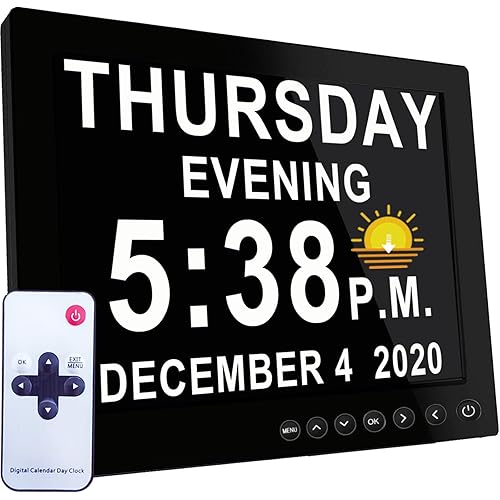 MASSII 8 Inch Large Dementia Clock 28 Alarms with Auto DST, 20 Custom Reminders,10 Levels Auto Dimmer, 6 Display Modes, Digital Clock with Date and Time, 8" Black with Remote