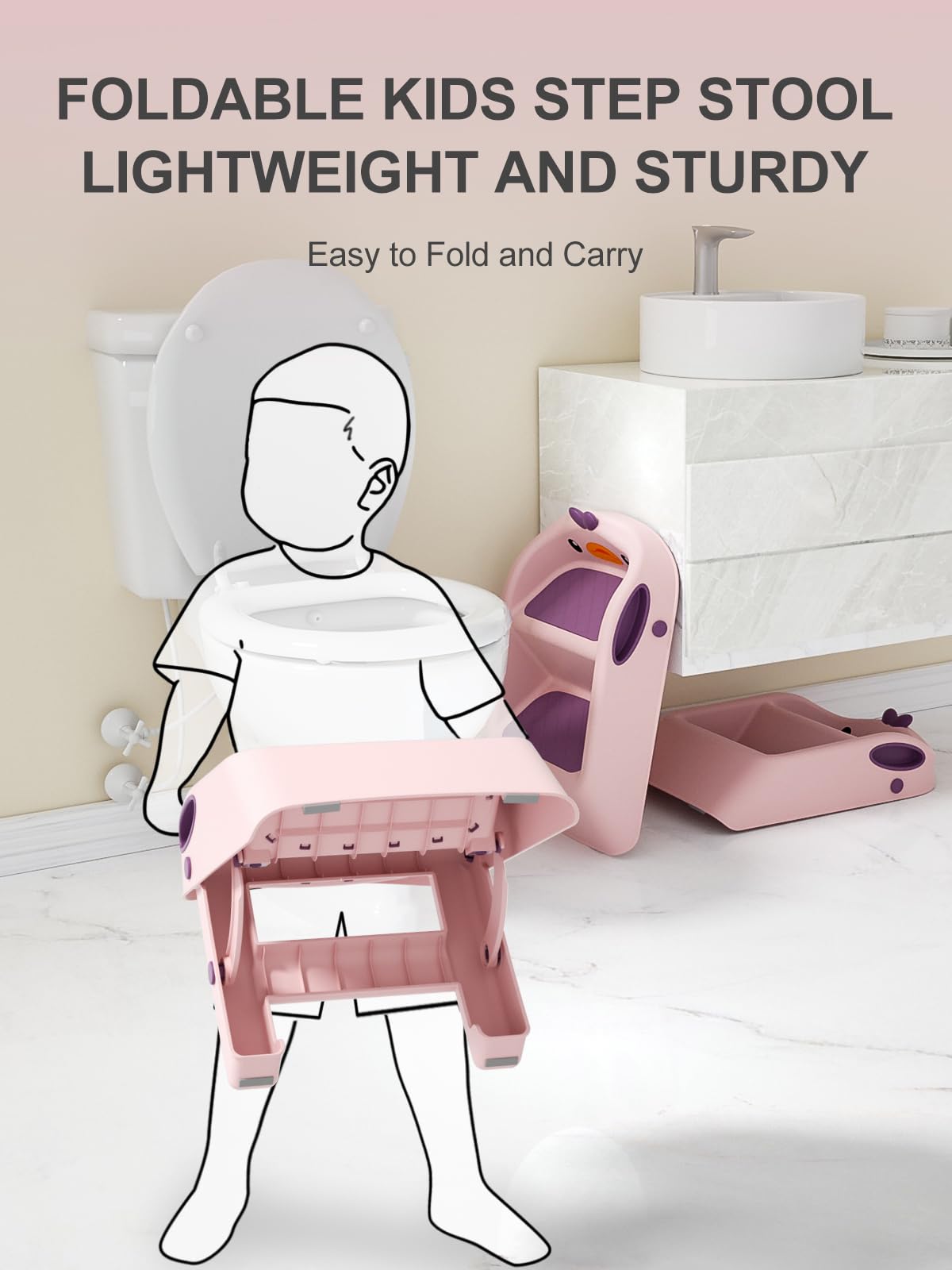 Toddler Step Stool for Bathroom Sink Foldable, Pink, Two Step Stool for Kids Potty Toilet, Cute ...