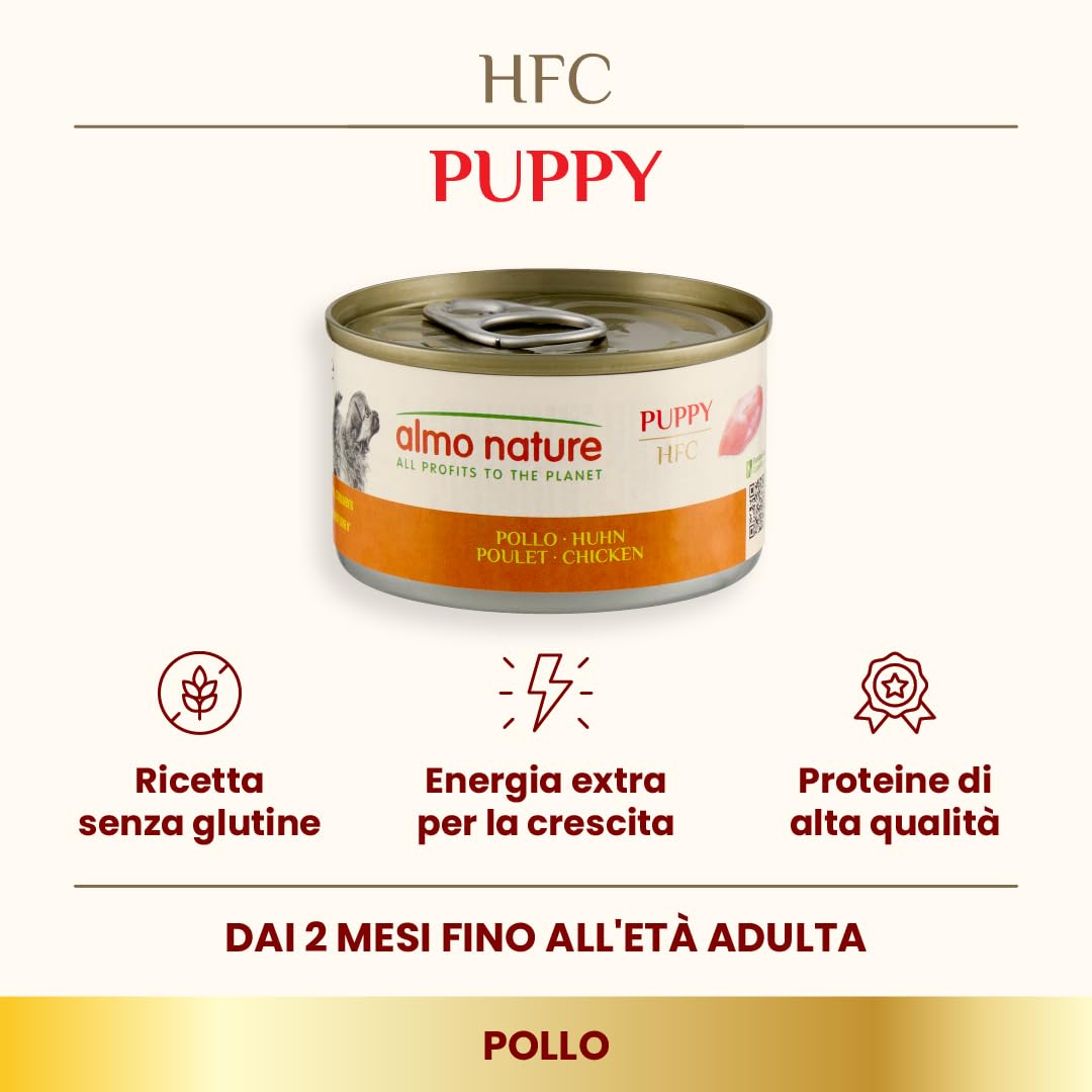 Almo Nature HFC Puppy - Alimento Umido per Cuccioli - Pollo - Qualità Human Grade, Senza Glutine, Monoproteico - 95g, Confezione da 24