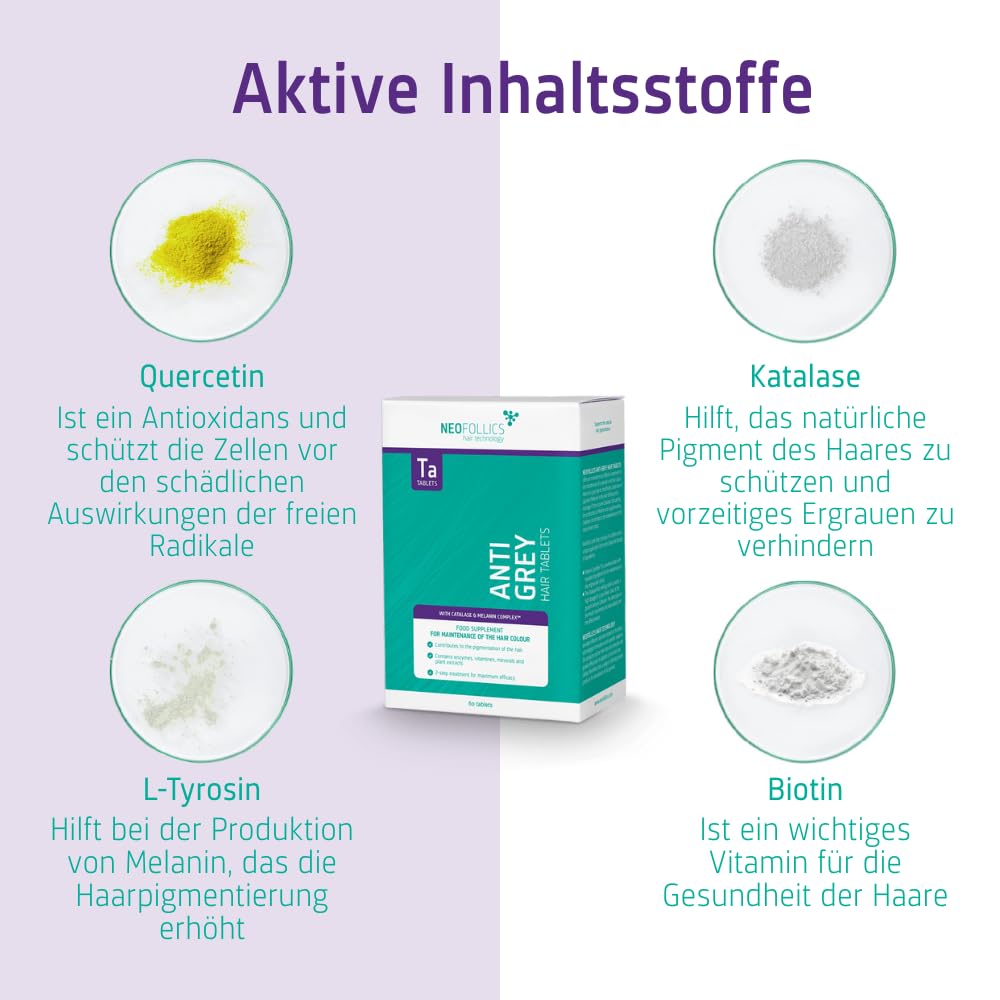Neofollics Anti-Grau-Tabletten – 60 Stück – Zweistufiges Supplement mit Katalase & Melanin Complex™ – Unterstützt die Natürliche Haarpigmentierung – Vegane Formel – für Männer & Frauen