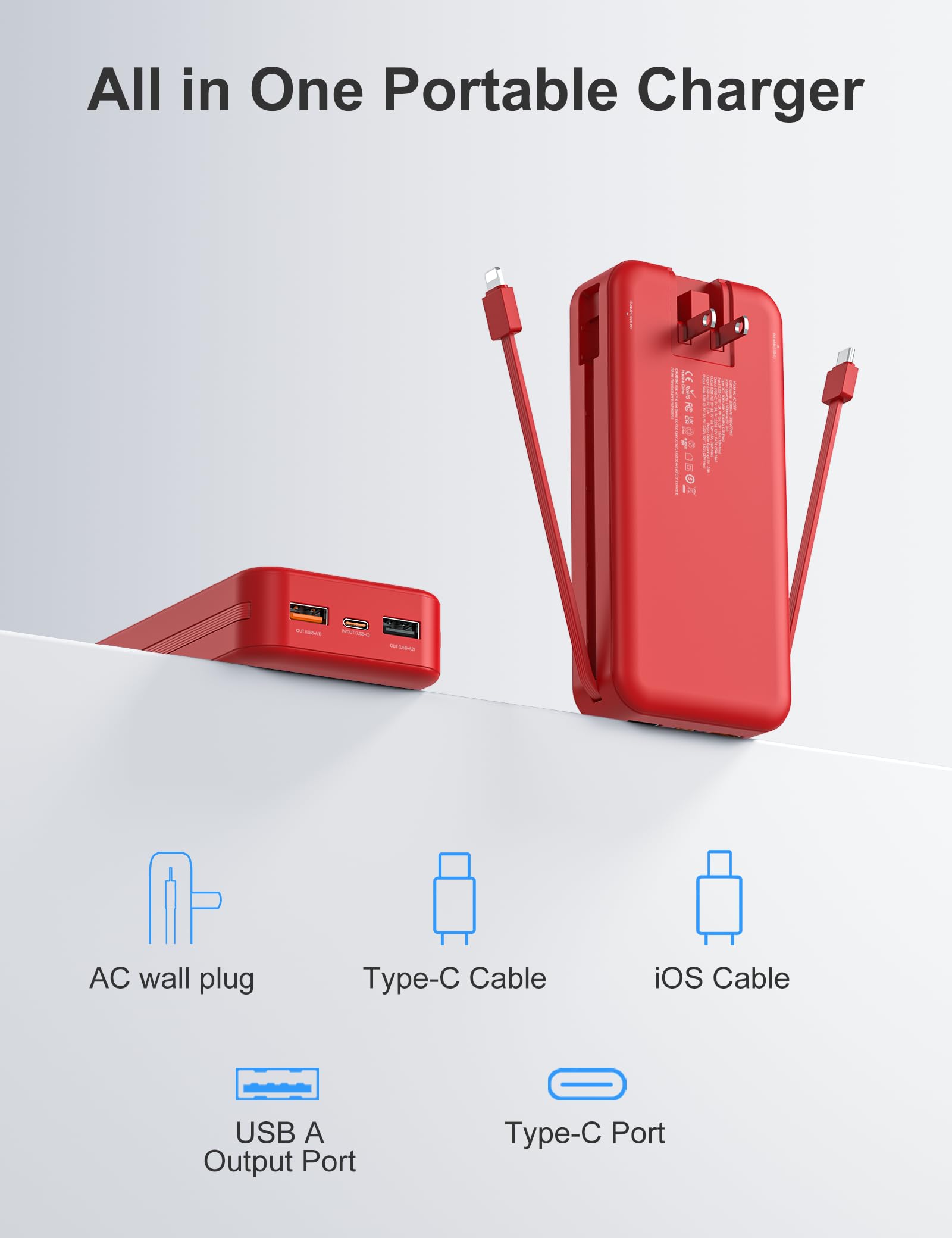 Caricabatterie portatile da 20.000 mAh con cavi integrati e presa a muro AC, PD20W USB-C ricarica rapida per telefono cellulare, batteria da viaggio con display a LED, per tutti gli iPhone, Samsung