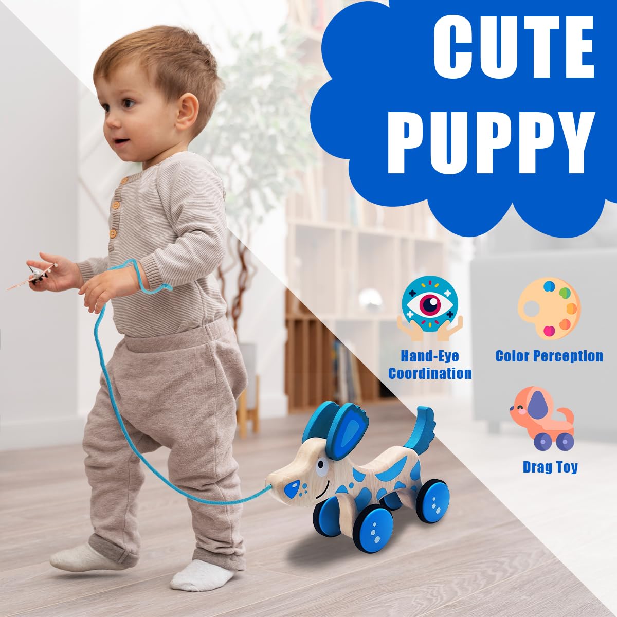 Juguete De Madera Para Tirar De Perro Con Ruedas Y Cuerda | Ideal Para Bebés De 1 Año, Mejora Equilibrio Y Coordinación