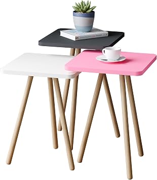 interGO-Renkli Üçlü Zigon Sehpa Ahşap Ayaklı Kare Pastel Tasarım (Pembe,Beyaz,Gri)