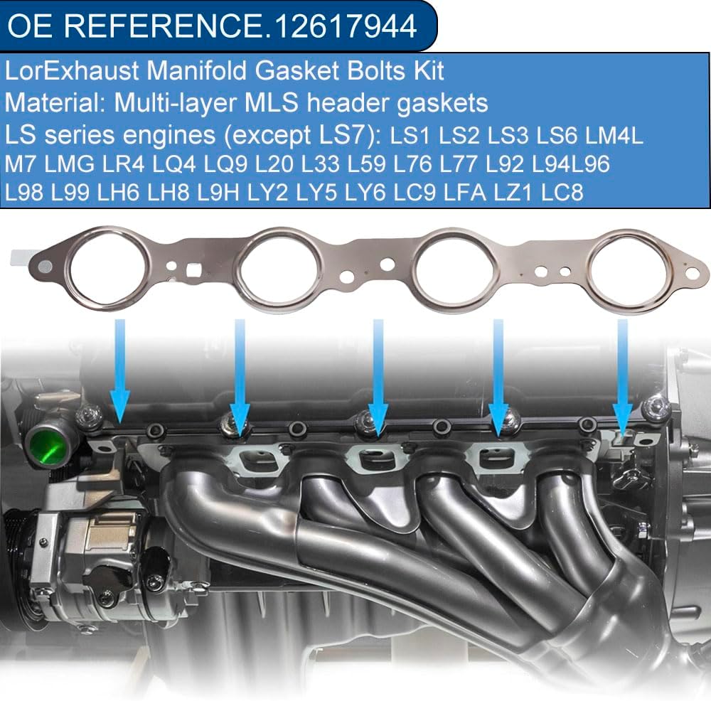 12617944 MLS Exhaust Manifold Gasket&12 Bolt Kit - High Temp Resistant for Chevy Silverado GMC Sierra 1500 2500 Suburban 4.8L 5.3L 5.7L 6.0L 6.2L LS1 LS2 LS3 LS6 LQ4 LQ9 Engine