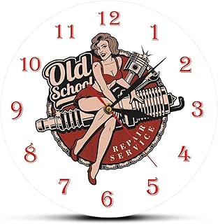 WAIGE Garage Personalizzato Retro Old School Servizio di riparazione auto Orologio da parete Meccanico Uomo Cave Orologio Candela Orologio da parete Pin Up Girl