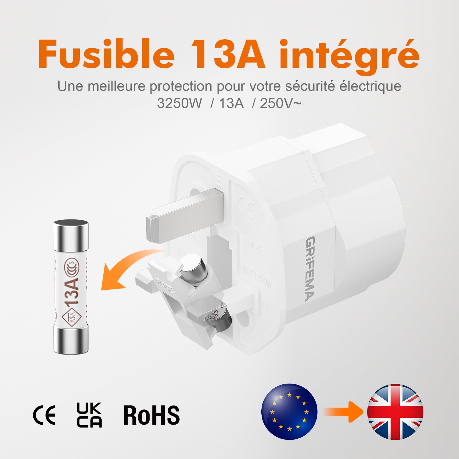 GRIFEMA Adaptateur Prise Anglaise avec Fusible 13A, Adaptateur Voyage France vers UK Type G pour Londres Angleterre Irlande Dubaï, Convertisseur Prise 2 Broches Europe vers 3 Broches UK, Lot de 2