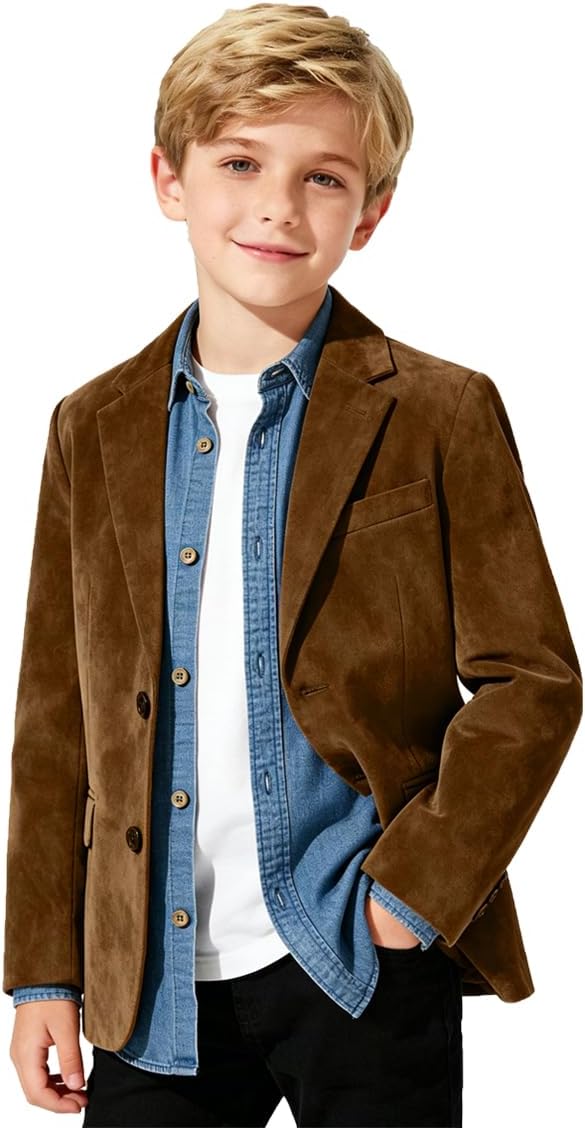 Kids Tuxedo Suede Suit for Boys 2 Pieces Boy Formal Suede Suits Wedding Ring Bearer Outfit Christmas Blazer and Pants