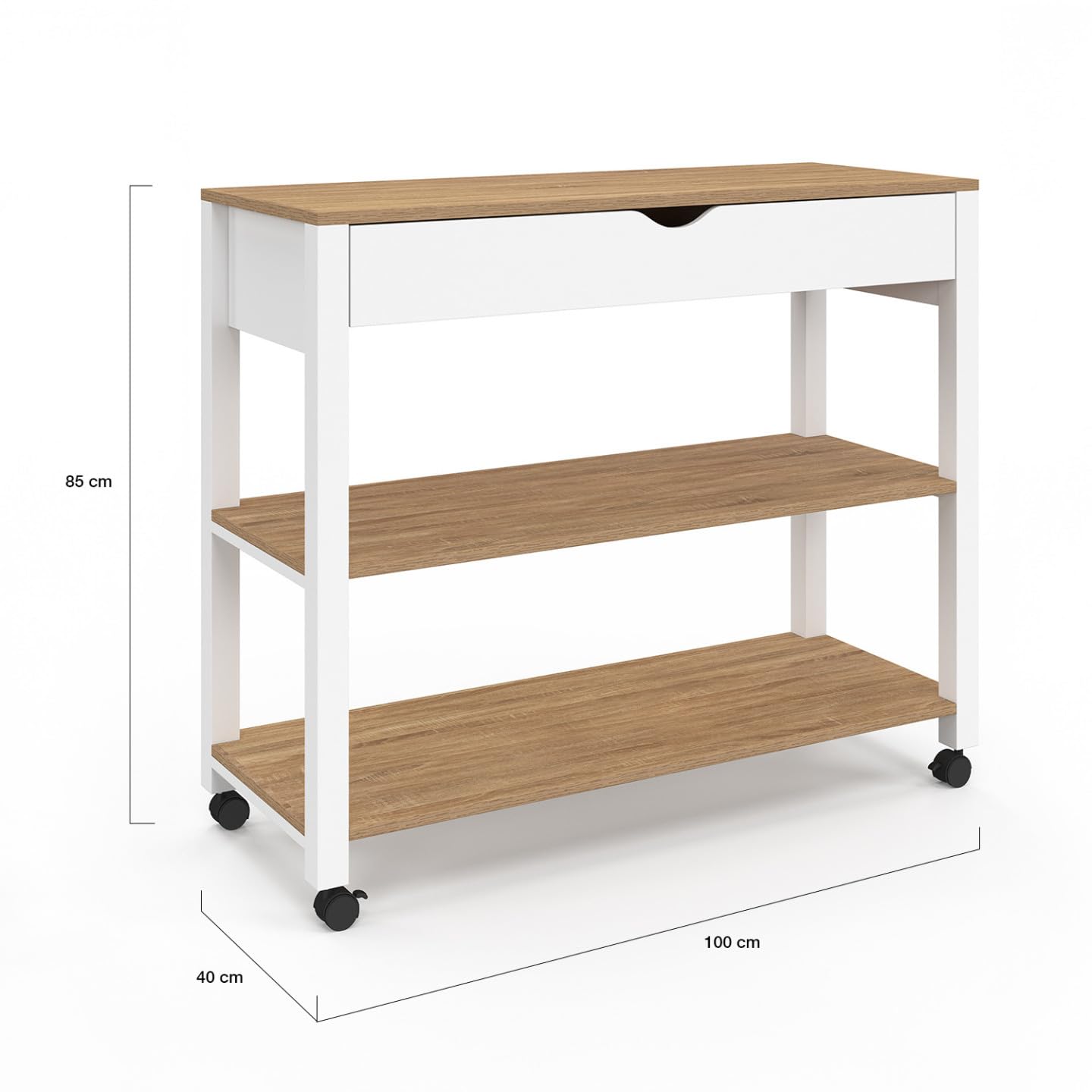 IDMarket – Carro de cocina PENH XXL con cajón y encimera blanca, bandejas estilo haya, 100 CM de largo