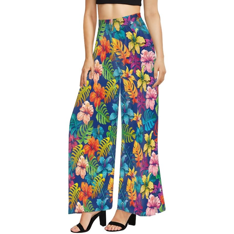 Irisjudy Women Casual Flowy Pants Summer Beach Waist Wide Leg Pants Hawaii Tropical Floral High Waisted Palazzo Pants
