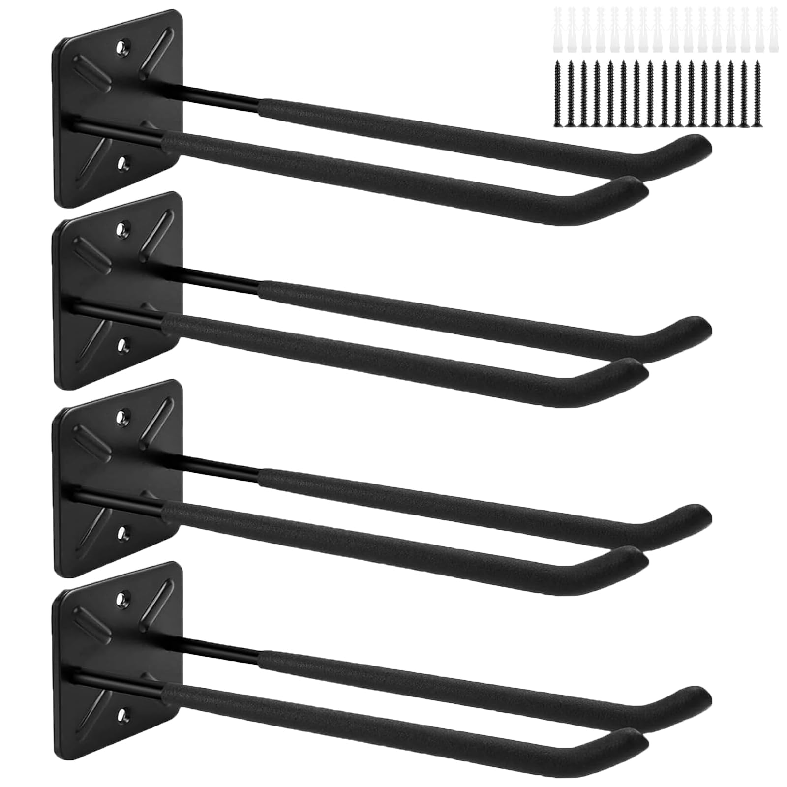 AKOLAFE 4 Piezas Ganchos Garaje Negros, Gancho Pared de Acero Carbono 31,5 cm, Ganchos Resistentes con Tornillos para Herramientas Bicicleta Escalera Jardin