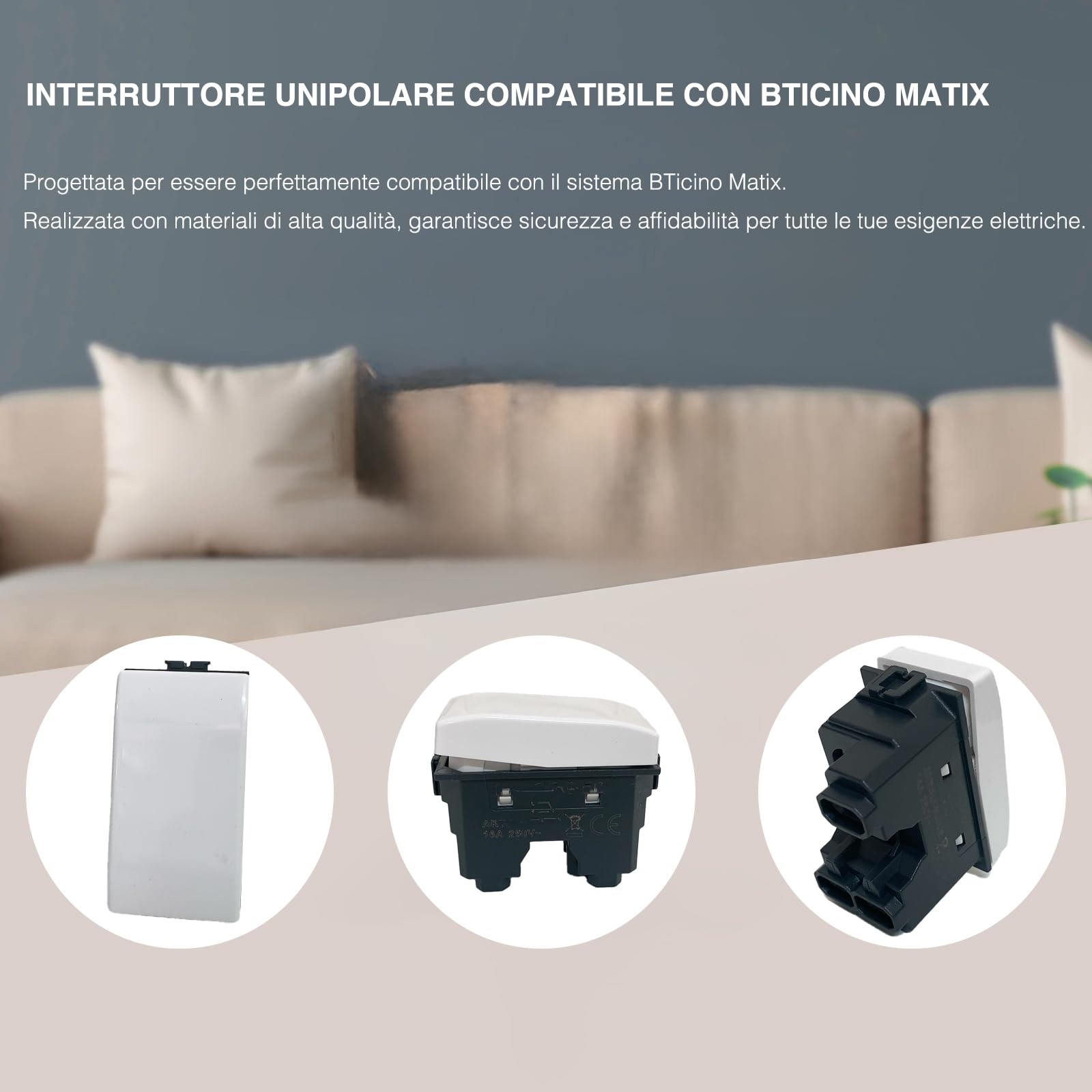 Set di 4 Interruttori Compatibili con bticino Matix, Interruttore Ideali per Frutti Elettrici e Compatibili con Bticino Matix Pulsanti (4 Interruttori Unipolari)