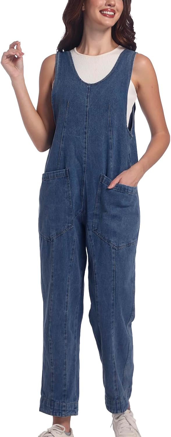 Womens High Roller Denim Jumpsuit Baggy Loose Fit Jean Overalls Adjustable Straps Sleeveless Jumpers with Pockets - Image 7