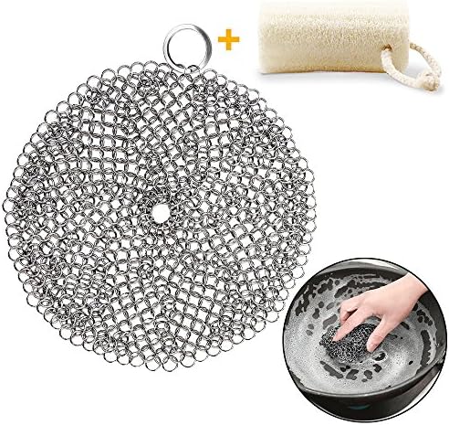 Cast Iron Cleaner&Natural Loofah, Danlit 7"x7" Stainless Steel 316L Chainmail Scrubber&Cookware Cleaner, for Pan Pre-Seasoned, Dutch Ovens, Cookie Sheet, Tortilla Press, Hibachi, Cornbread, Pie Pan