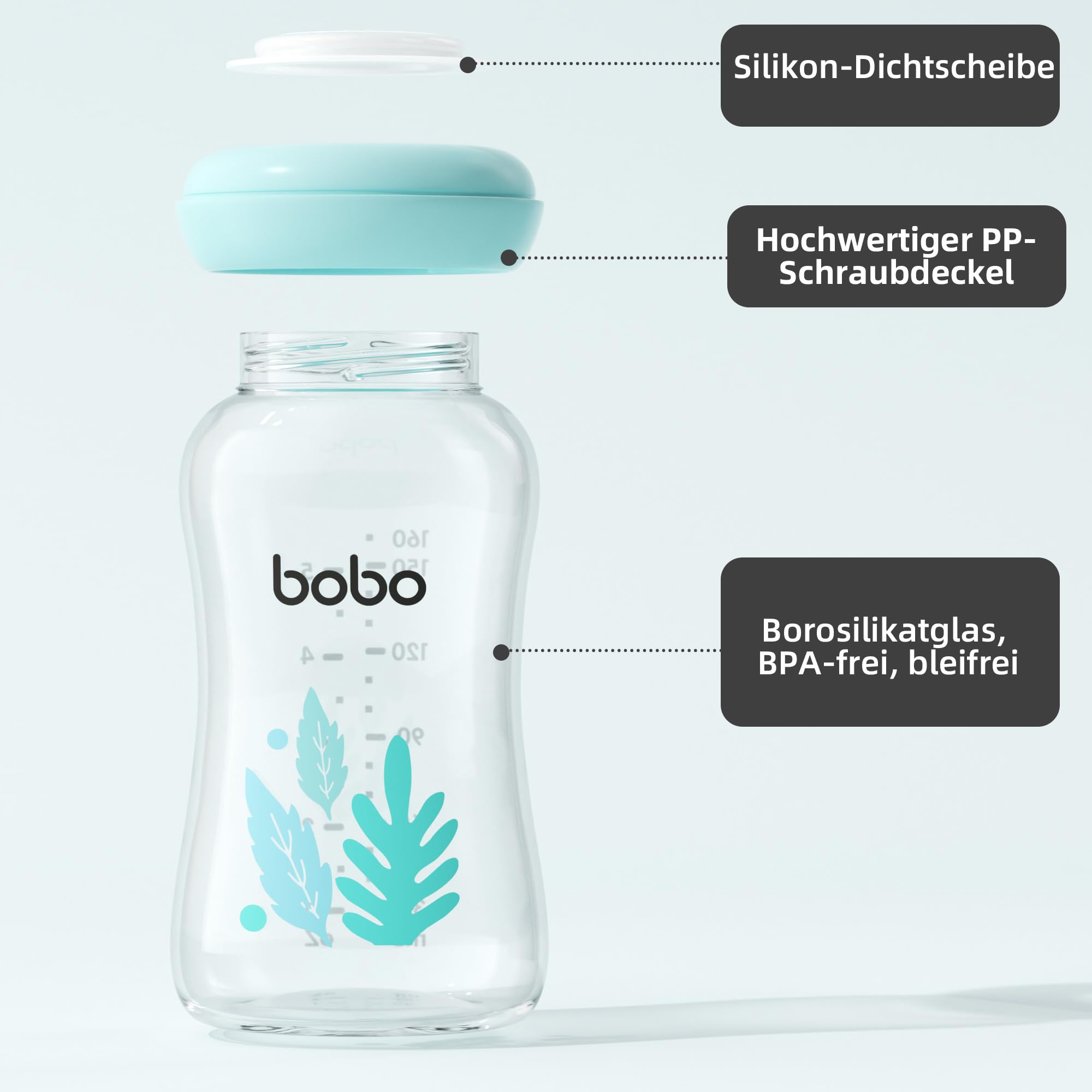 YOHKOH Botellas de cristal premium para leche materna, 4 x 160 ml, para almacenamiento seguro de leche materna, apto para lavavajillas, congelador y microondas (4 unidades, 160 ml), color azul, 160 ml