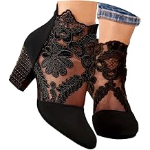 Lace Ankle Boots for Women Lace Flower Embroidery Suede Stacked High Heels with Back Zipper Dress Short Flower Booties Sexy Bootie Sandals Wedding Party Dress Shoes