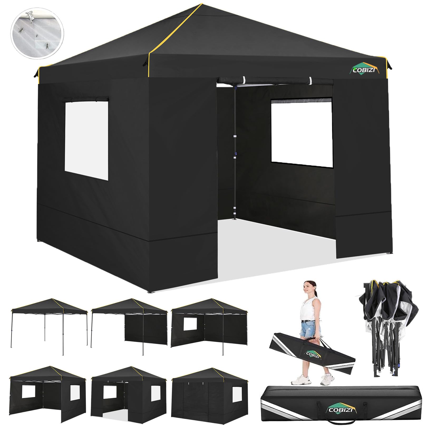 COBIZI Pavillon 3x3 Wasserdicht Stabil Faltpavillon 3x3 Profi mit 4 Seitenteilen Pop Up Pavillon Pavillon Faltbar UV-Schutz 50+ Partyzelt für Strand Hochzeit Camping（Schwarz） | Stahlrahmen (rostgeschützt), 3-fach höhenverstellbar 200-226cm, wasserdichte U