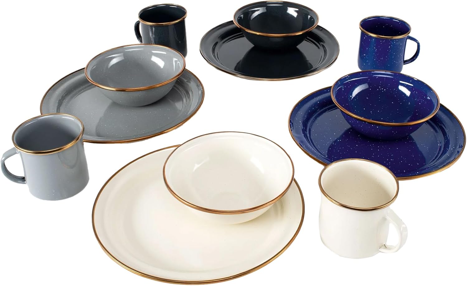 GSI Outdoors Mesa 4-Person Enamelware Camp Set – Classic Enamel Finish with Stainless Steel Rim, 12-Piece, Dishwasher Safe, Multi-Color