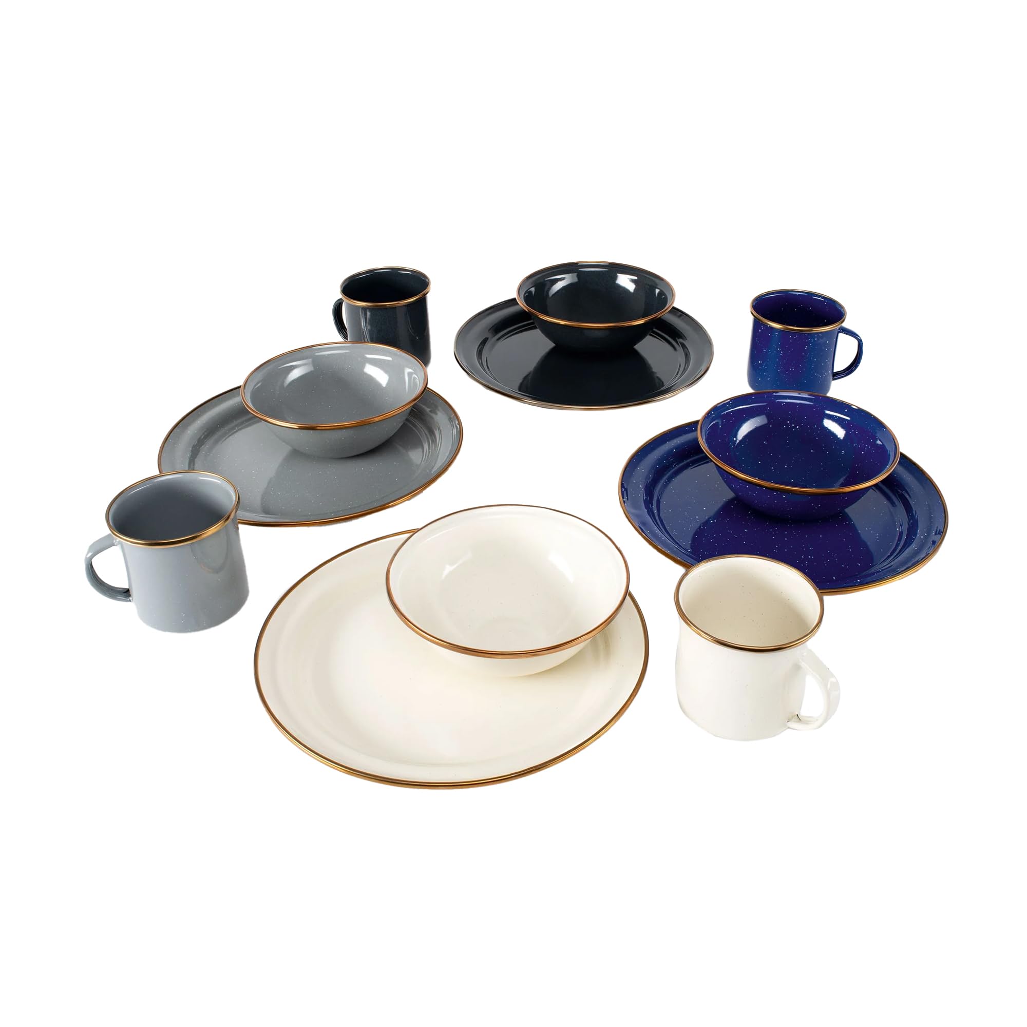 Mesa 4-Person Enamelware Camp Set – Classic Enamel Finish with Stainless Steel Rim, 12-Piece, Dishwasher Safe, Multi-Color