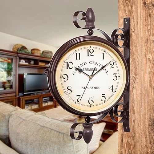 Miniatura 4 de Surakey Reloj de pared redondo de hierro forjado de aspecto antiguo marrón para colgar en la pared, de doble cara, dos caras, estilo retro, para