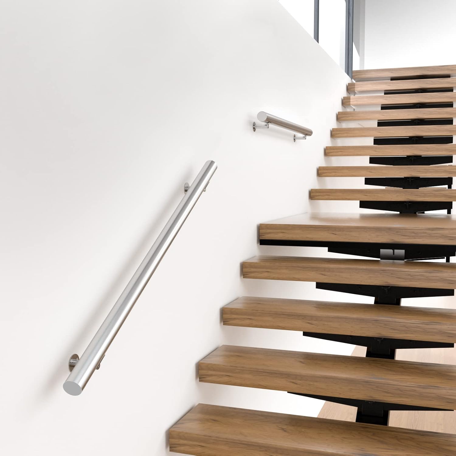 Muzata 5ft Stair Handrail Wall Mounted Handrail 2'' OD Pre-drilled Brushed Stainless Steel Safety Hand Rail Indoor Outdoor Stair Hand Railing Wood Concrete Brick Wall Stairs HK27 SL4, HR5 HR0 - - 
