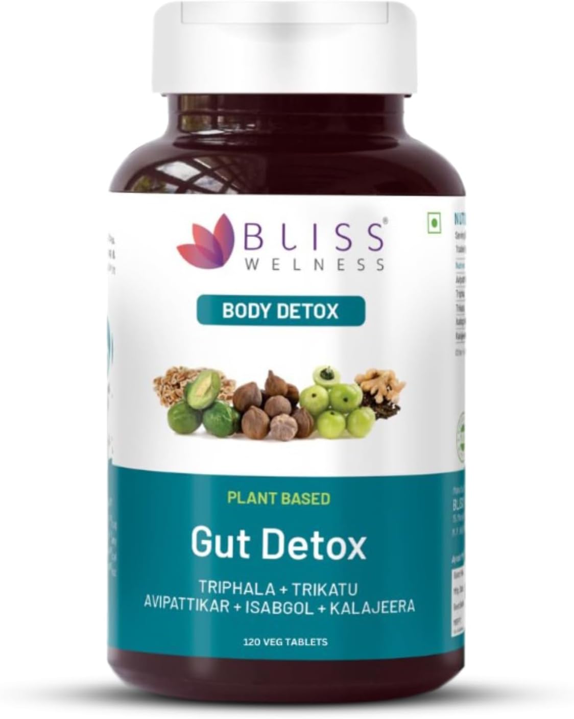 Bliss Welness Gut Detox | Trikatu Isabgol Triphala Avipattikar Kalajeera | Health Cleanse Purify | Stomach Cleanse Purify Digestion Metabolism Toxin Removal Acidity Gas Control Supplement - 120 Vegetarian Tablets