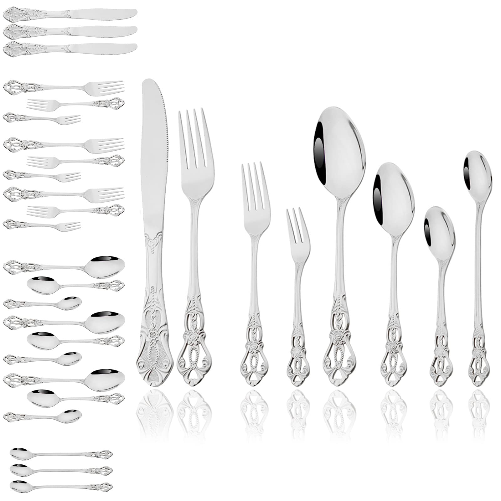 JASHII 304 Royal Palace Stainless Steel Vintage Silverware Set Service for 4 32-pieces Vintage Hollow Embossed Handle Knife