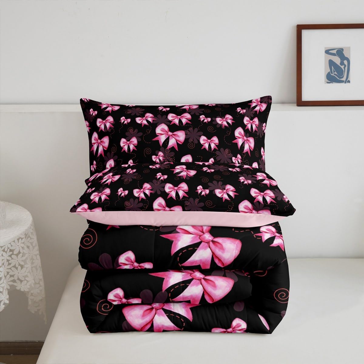 Feelyou Pink Bow Comforter Set for Kids Boys Girls,Twin Size,Cute Coquette Bow Knot Bedding Set,Butterfly Knot Princess Duvet Quilt,Bowknot Comforter,Princess Style Bedroom Decor