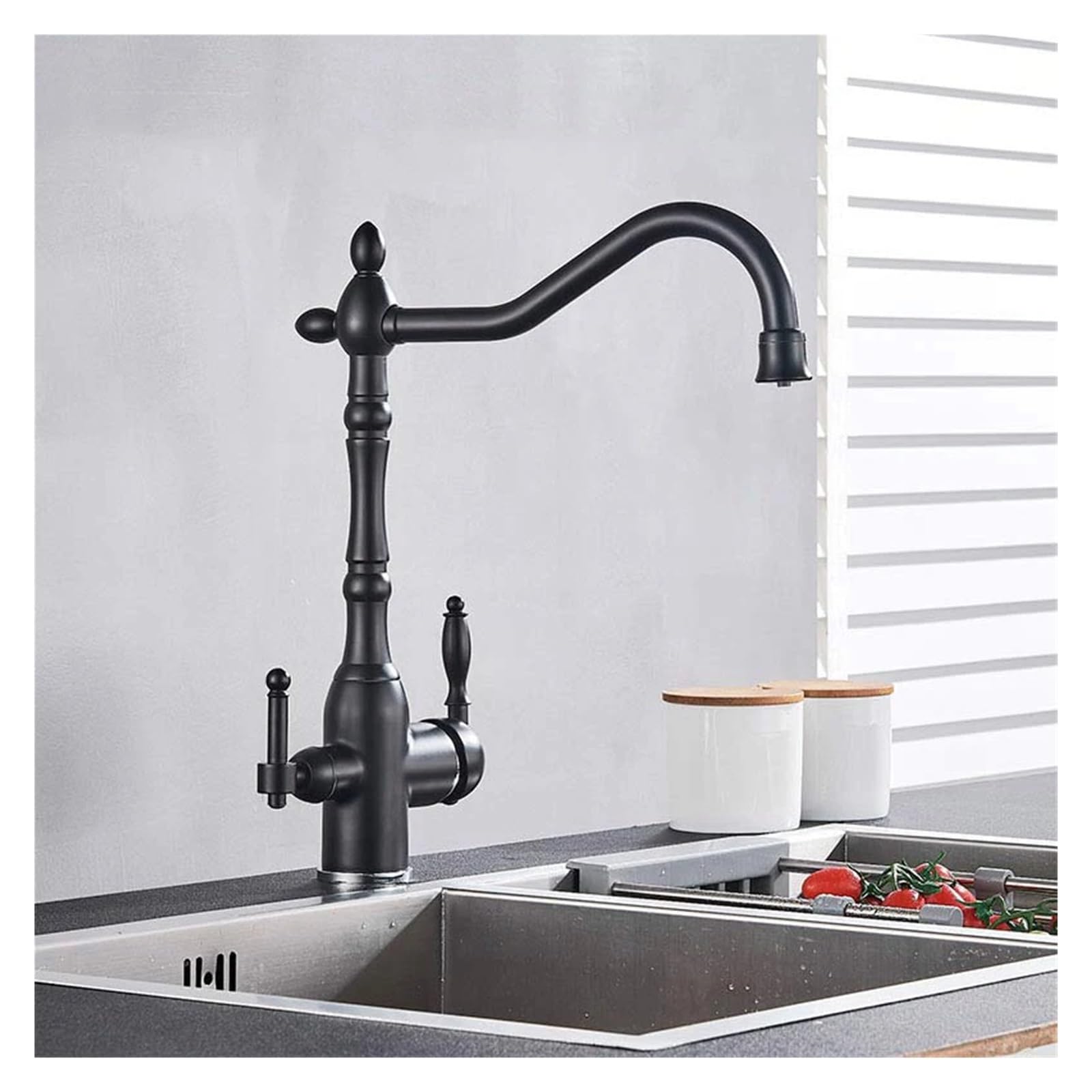 Grifo de cocina negro mate con doble manija para eliminar las jarras filtrantes