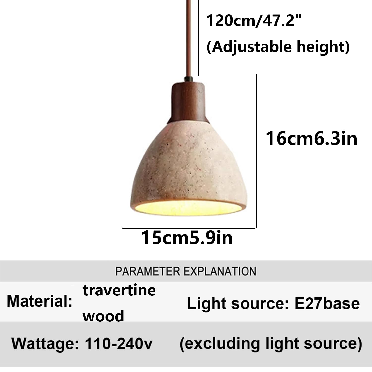 Lampadari a sospensione in pietra di travertino naturale Lampada a da 6,3 pollici Travertino poroso con decorazione artistica in legno Stile base industriale(Natural wood colour)