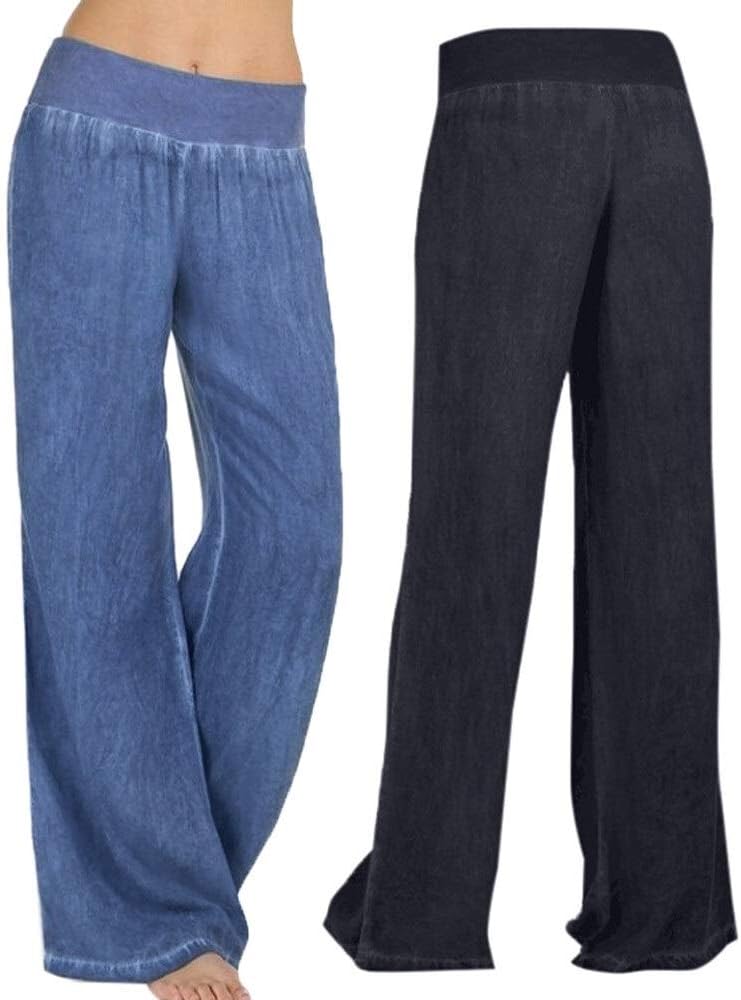 ヨガパンツ 女性カジュアルハイウエスト弾性デニムワイドレッグパラッツォパンツジーンズズボンファッションワーク服 カジュアルヨガパンツ