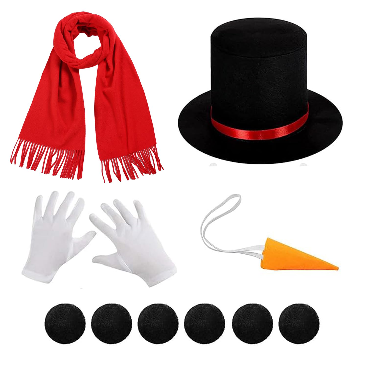 NAUZE 11Pieces Snowman Costume Kit Black Top Hat with Band Carrot Nose Scarf Gloves Pom Pom Balls DIY Snowman Props for Cosplay Costume